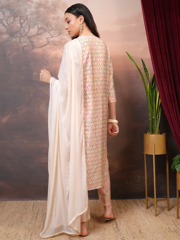 Vishudh Women Cream Printed Kurta With Trouser And Dupatta