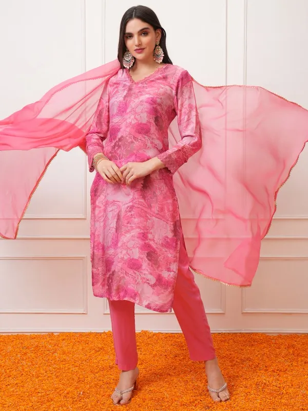 Vishudh Women Pink Printed Kurta With Trousers And Dupatta