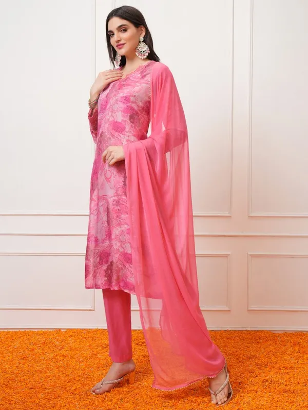Vishudh Women Pink Printed Kurta With Trousers And Dupatta
