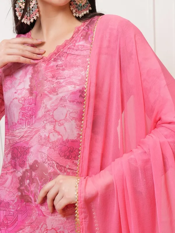 Vishudh Women Pink Printed Kurta With Trousers And Dupatta