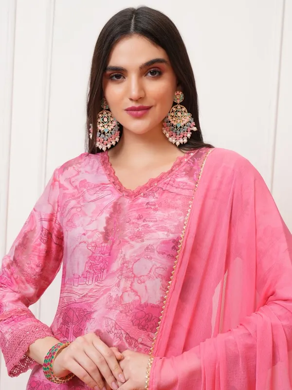 Vishudh Women Pink Printed Kurta With Trousers And Dupatta