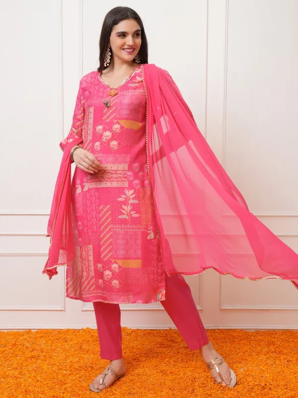 Vishudh Women Pink Printed Kurta With Trousers And Dupatta