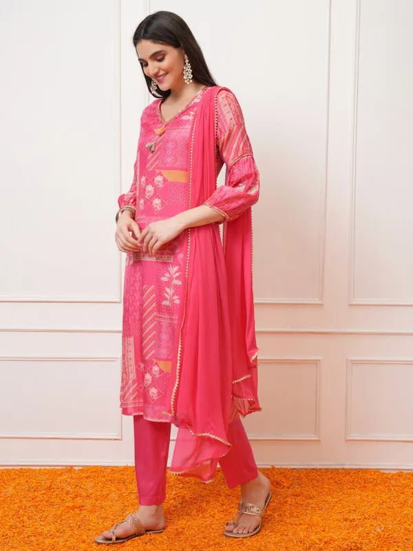 Vishudh Women Pink Printed Kurta With Trousers And Dupatta