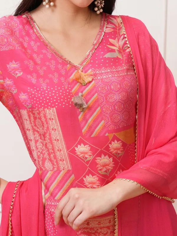 Vishudh Women Pink Printed Kurta With Trousers And Dupatta