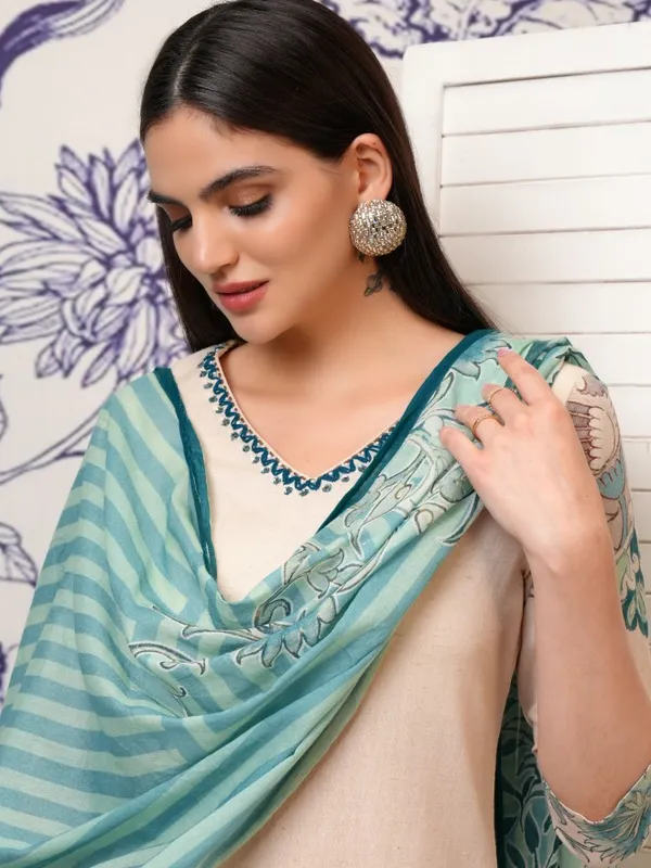 Vishudh Women Beige Printed Kurta With Trousers And Dupatta