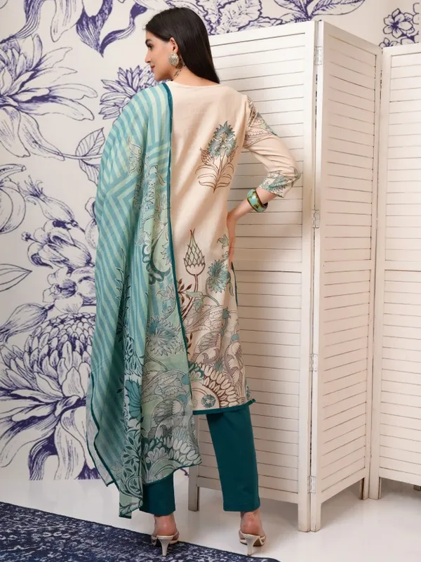 Vishudh Women Beige Printed Kurta With Trousers And Dupatta