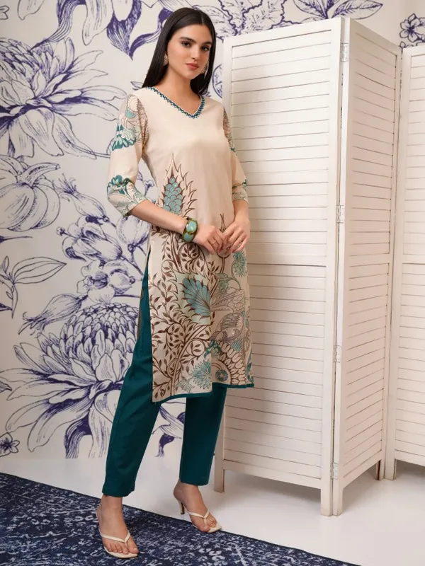 Vishudh Women Beige Printed Kurta With Trousers And Dupatta