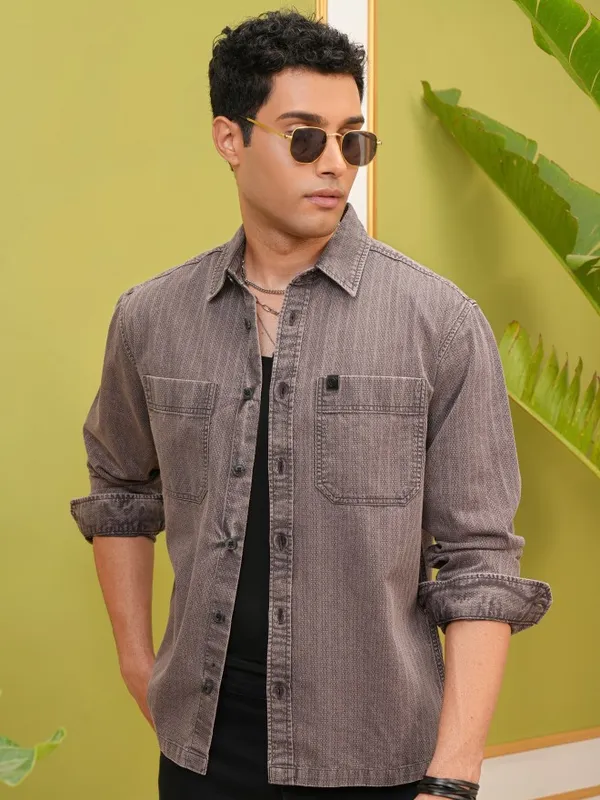 Locomotive Premium Men Brown Striped Oversized Fit Overshirt