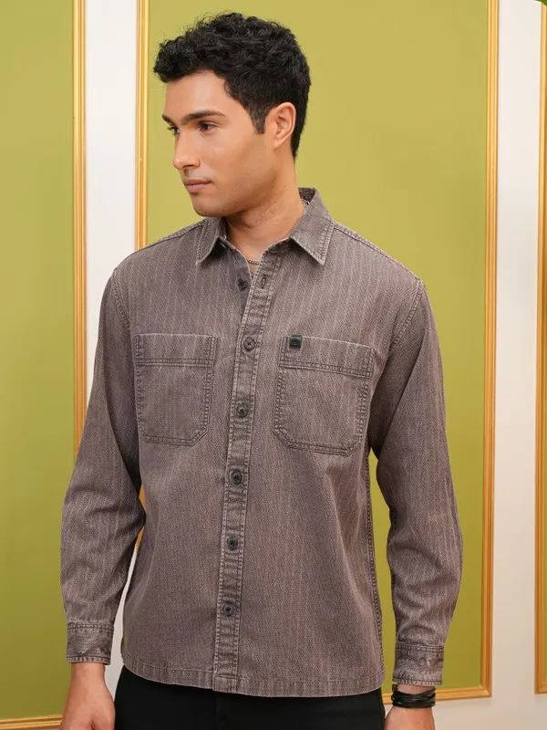 Locomotive Premium Men Brown Striped Oversized Fit Overshirt