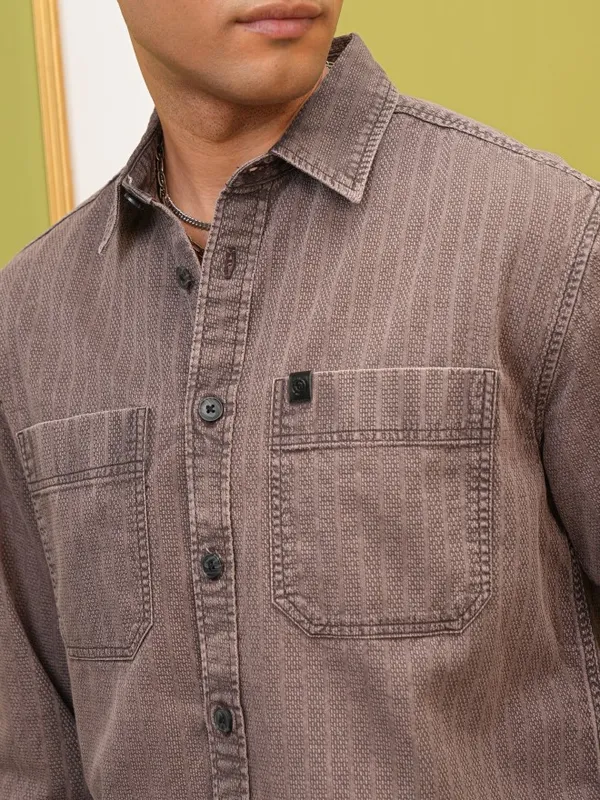 Locomotive Premium Men Brown Striped Oversized Fit Overshirt