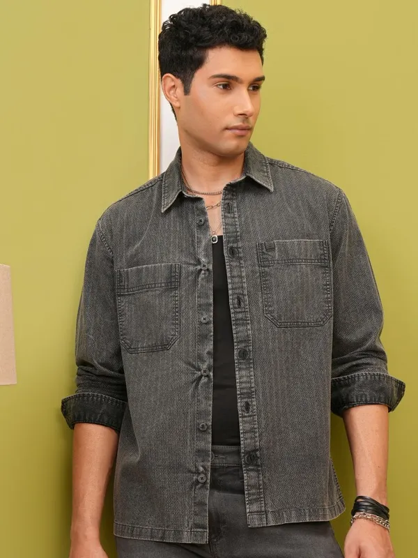 Locomotive Premium Men Black Striped Oversized Fit Overshirt