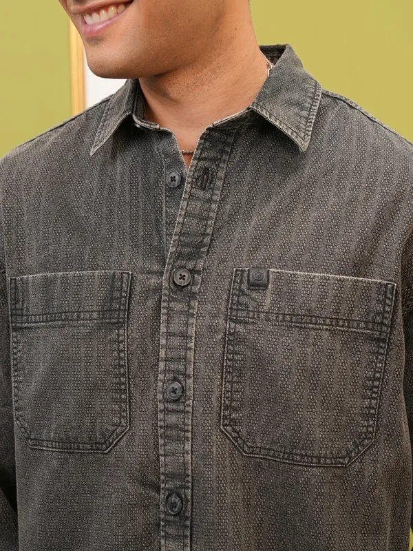 Locomotive Premium Men Black Striped Oversized Fit Overshirt
