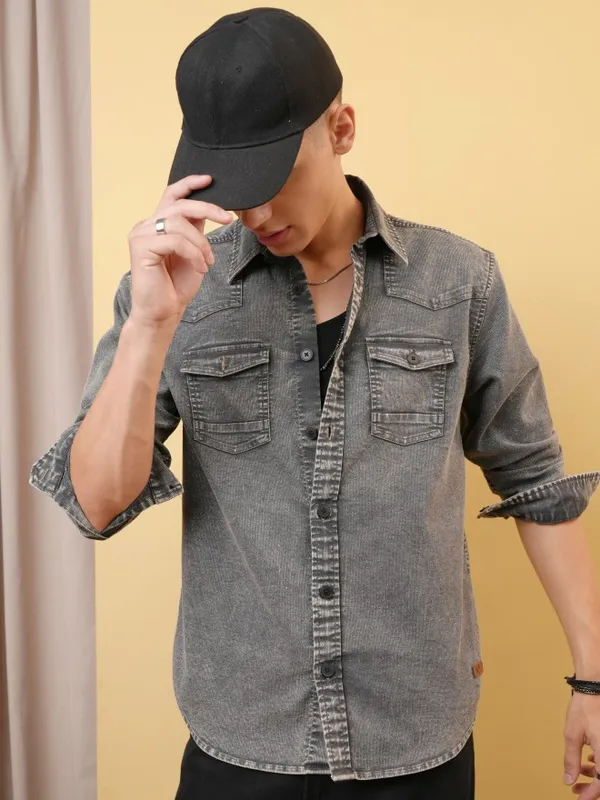 Locomotive Premium Men Washed Textured Western Yoke Utility Pocket Oversized Overshirt