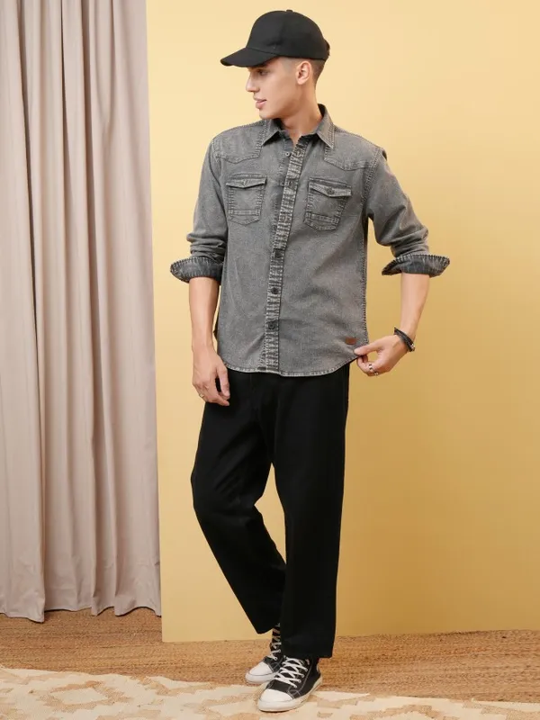 Locomotive Premium Men Washed Textured Western Yoke Utility Pocket Oversized Overshirt