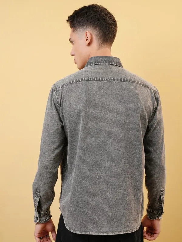 Locomotive Premium Men Washed Textured Western Yoke Utility Pocket Oversized Overshirt