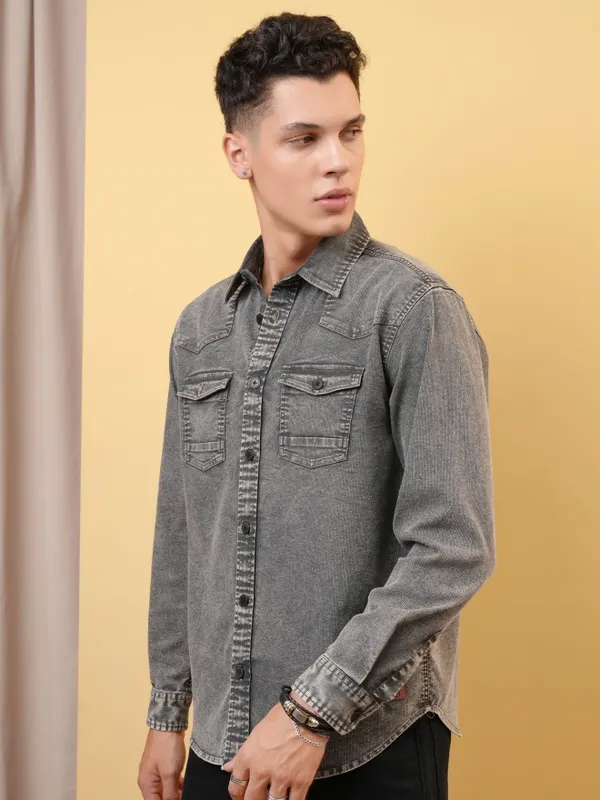 Locomotive Premium Men Washed Textured Western Yoke Utility Pocket Oversized Overshirt