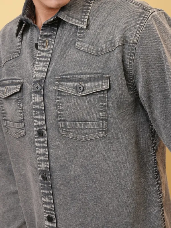 Locomotive Premium Men Washed Textured Western Yoke Utility Pocket Oversized Overshirt