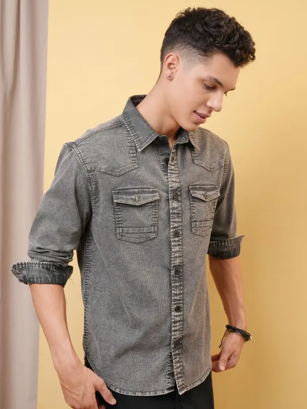 Locomotive Premium Men Washed Textured Western Yoke Utility Pocket Oversized Overshirt