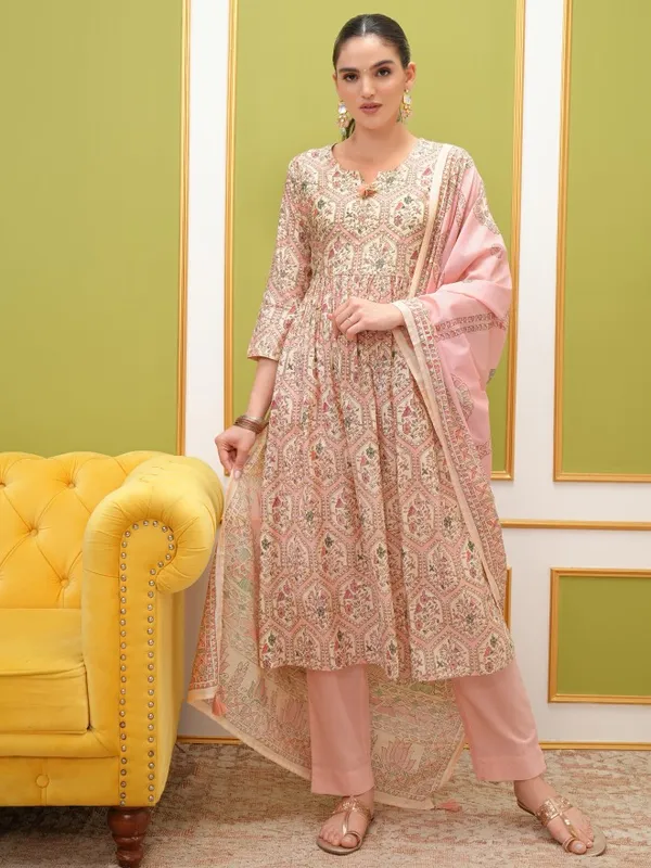 Vishudh Women Pink Printed Kurta With Trouser And Dupatta