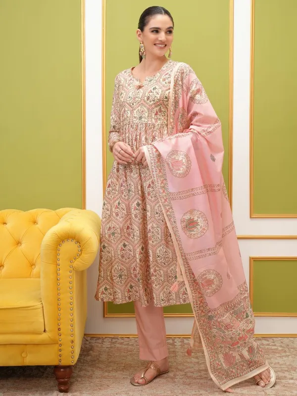 Vishudh Women Pink Printed Kurta With Trouser And Dupatta