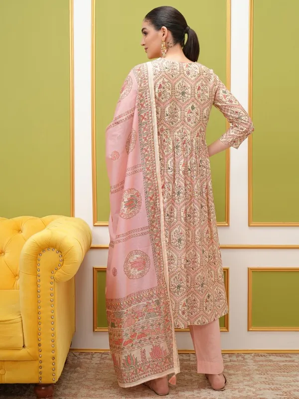 Vishudh Women Pink Printed Kurta With Trouser And Dupatta