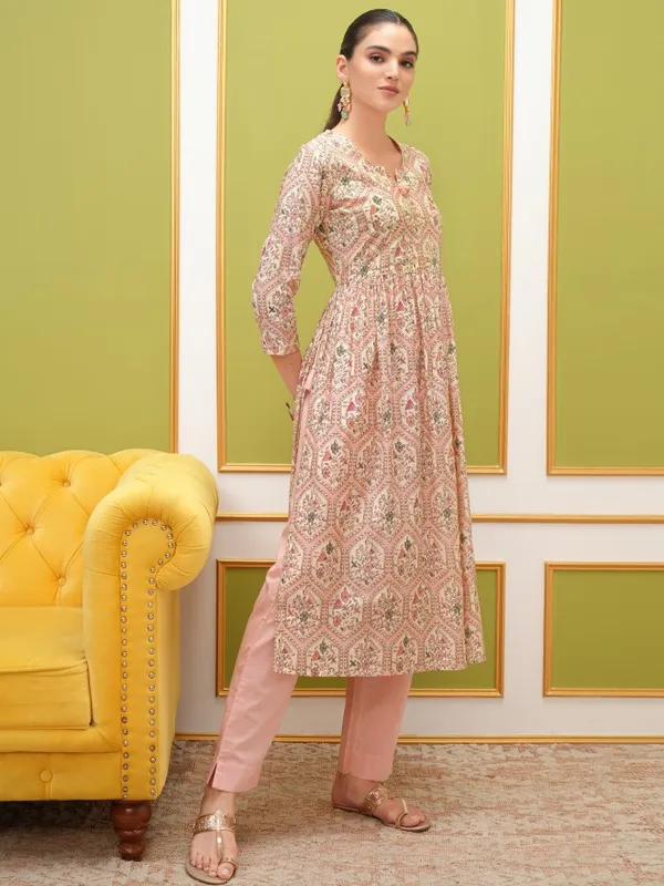 Vishudh Women Pink Printed Kurta With Trouser And Dupatta