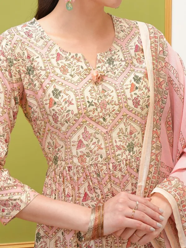 Vishudh Women Pink Printed Kurta With Trouser And Dupatta