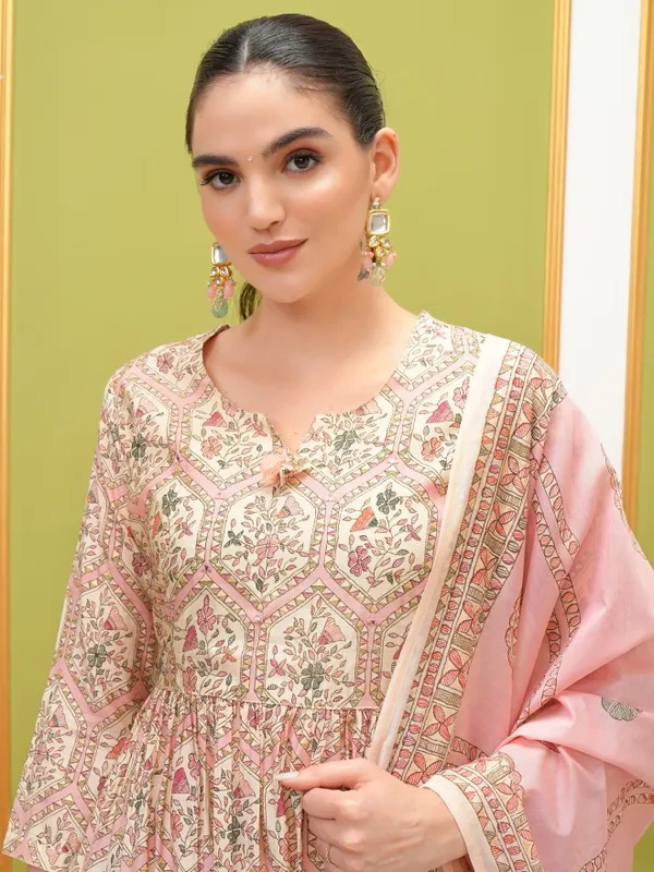 Vishudh Women Pink Printed Kurta With Trouser And Dupatta