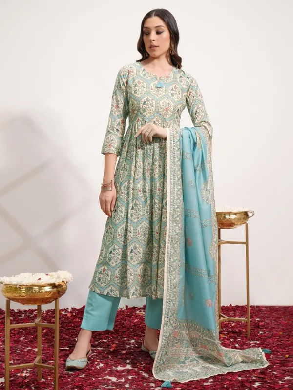 Vishudh Women Blue Printed Kurta With Trouser And Dupatta