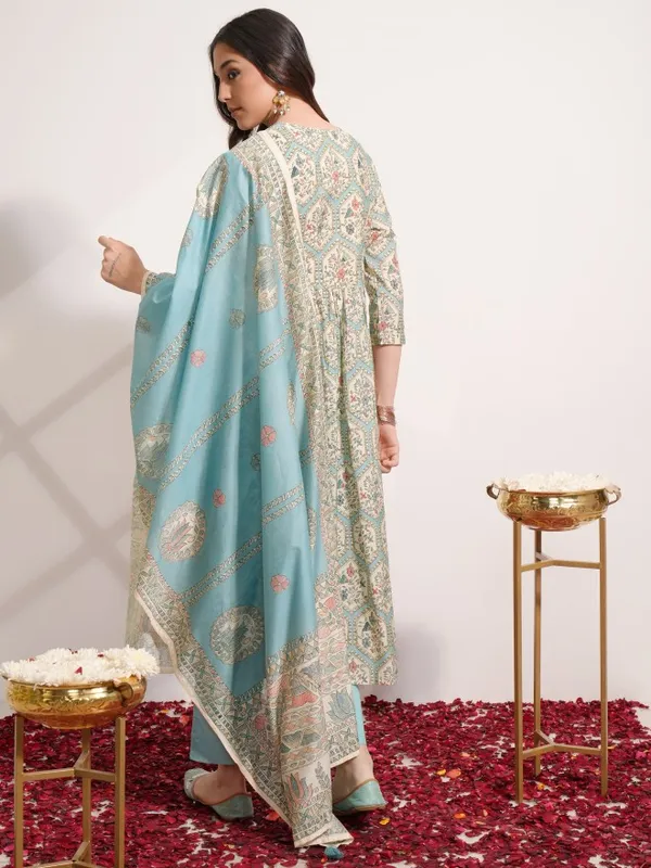 Vishudh Women Blue Printed Kurta With Trouser And Dupatta