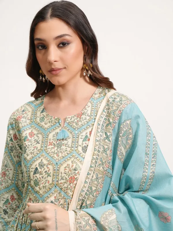 Vishudh Women Blue Printed Kurta With Trouser And Dupatta
