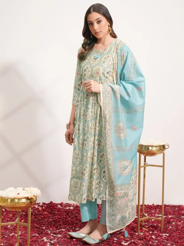 Vishudh Women Blue Printed Kurta With Trouser And Dupatta