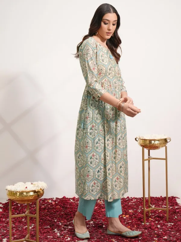 Vishudh Women Blue Printed Kurta With Trouser And Dupatta