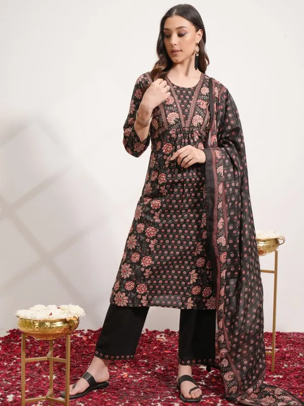 Vishudh Women Black Printed Kurta With Trouser And Dupatta