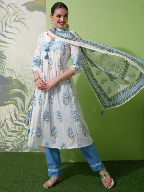 Vishudh Women White Printed Kurta With Trouser And Dupatta
