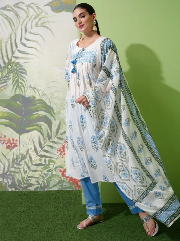 Vishudh Women White Printed Kurta With Trouser And Dupatta