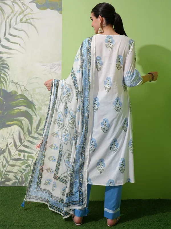 Vishudh Women White Printed Kurta With Trouser And Dupatta
