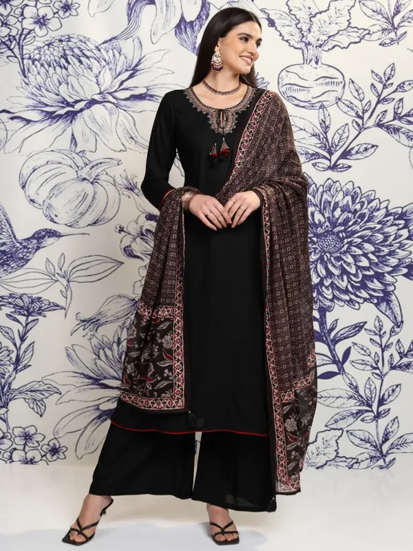 Vishudh Women Black Embroidered Kurta With Trousers And Dupatta