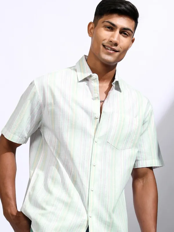 Locomotive Men Green Striped Relaxed Fit Casual Shirt