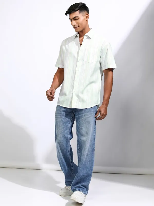 Locomotive Men Green Striped Relaxed Fit Casual Shirt