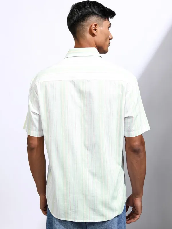 Locomotive Men Green Striped Relaxed Fit Casual Shirt