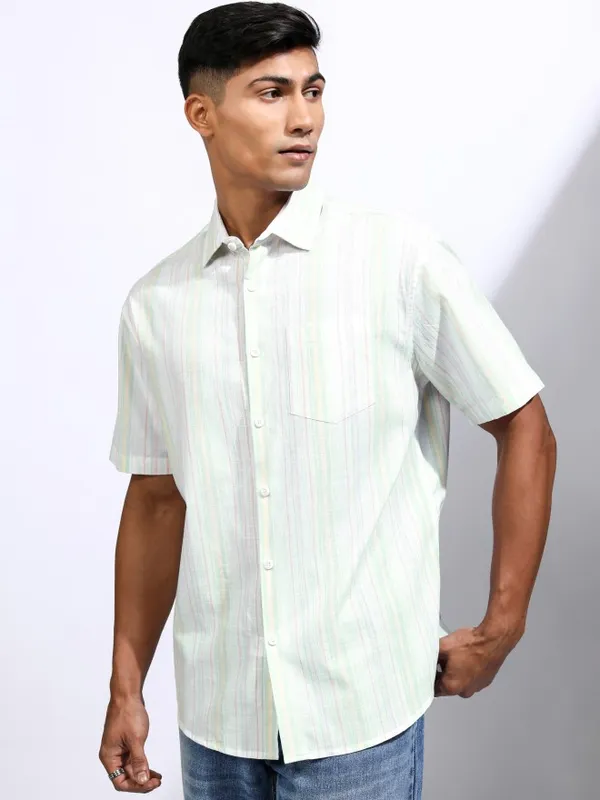 Locomotive Men Green Striped Relaxed Fit Casual Shirt