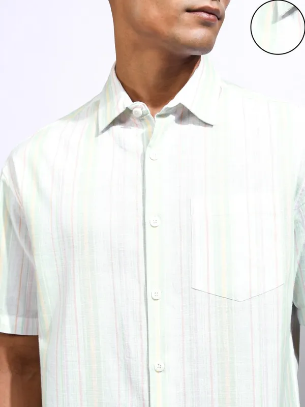 Locomotive Men Green Striped Relaxed Fit Casual Shirt