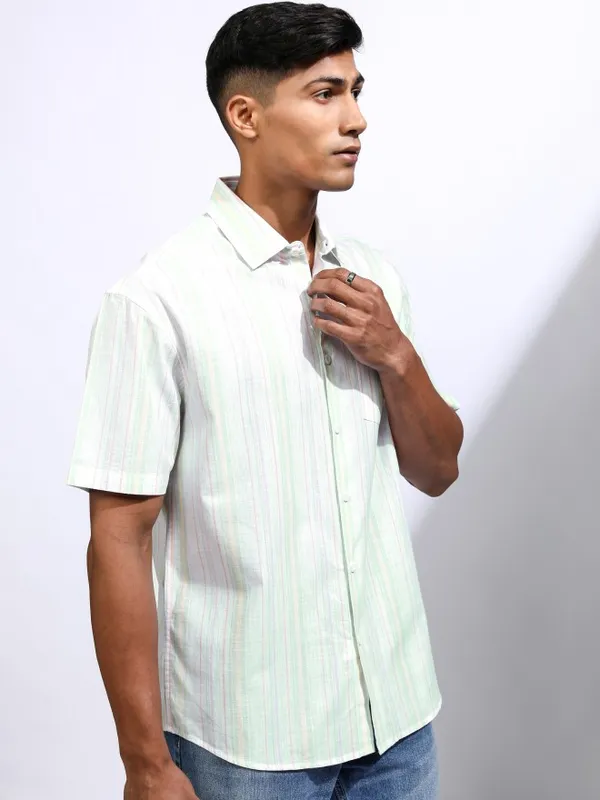 Locomotive Men Green Striped Relaxed Fit Casual Shirt