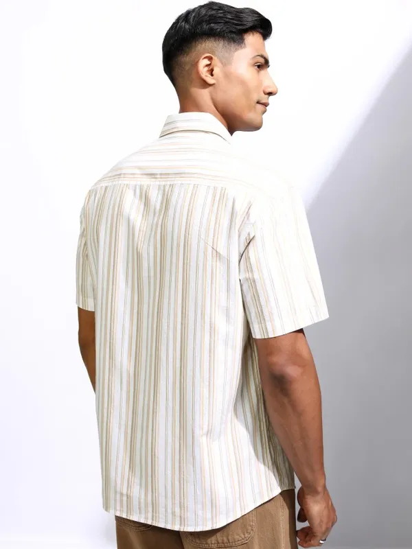 Locomotive Men White Striped Relaxed Fit Casual Shirt