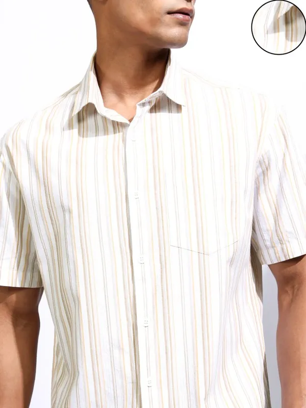 Locomotive Men White Striped Relaxed Fit Casual Shirt