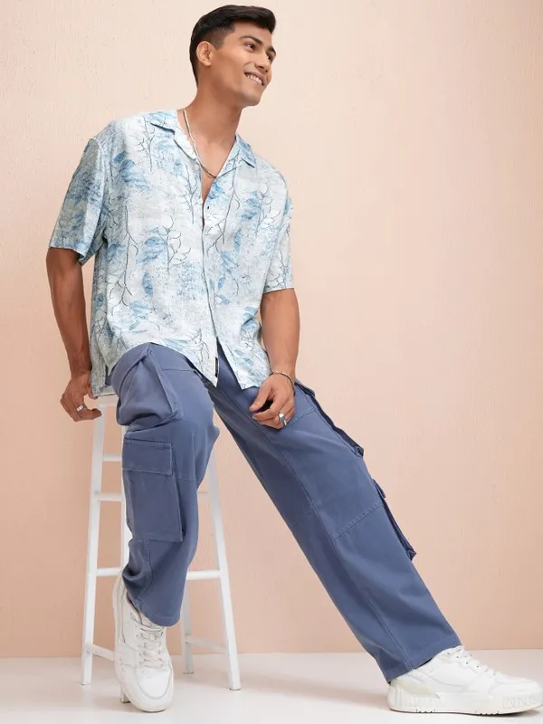 Locomotive Men Blue Printed Oversized Fit Casual Shirt