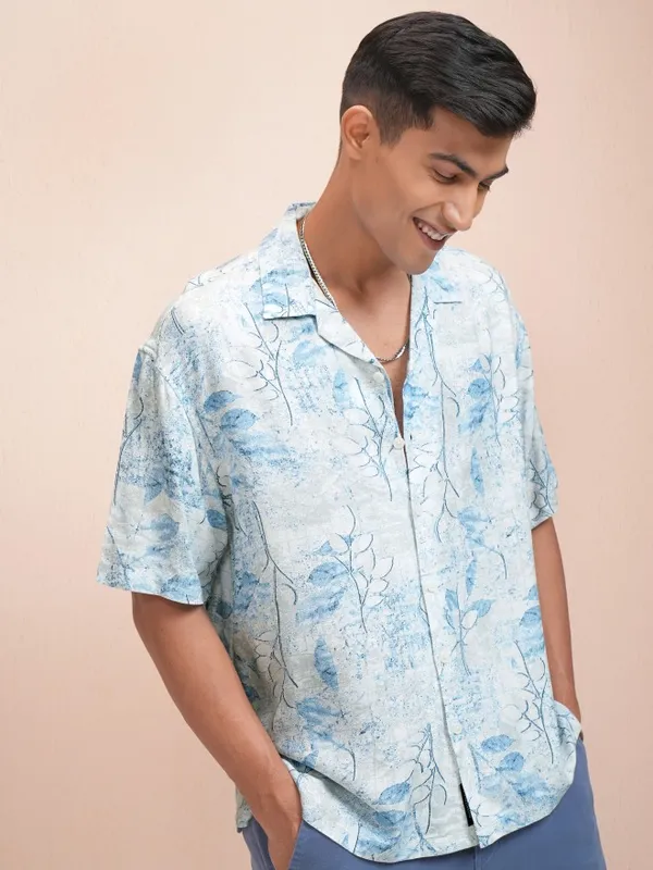 Locomotive Men Blue Printed Oversized Fit Casual Shirt