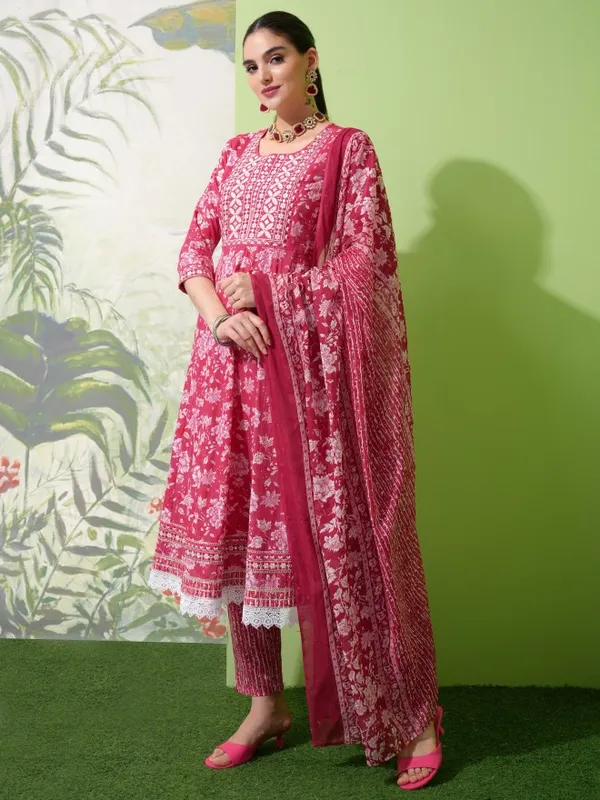 Vishudh Women Pink Printed Kurta With Trouser And Dupatta