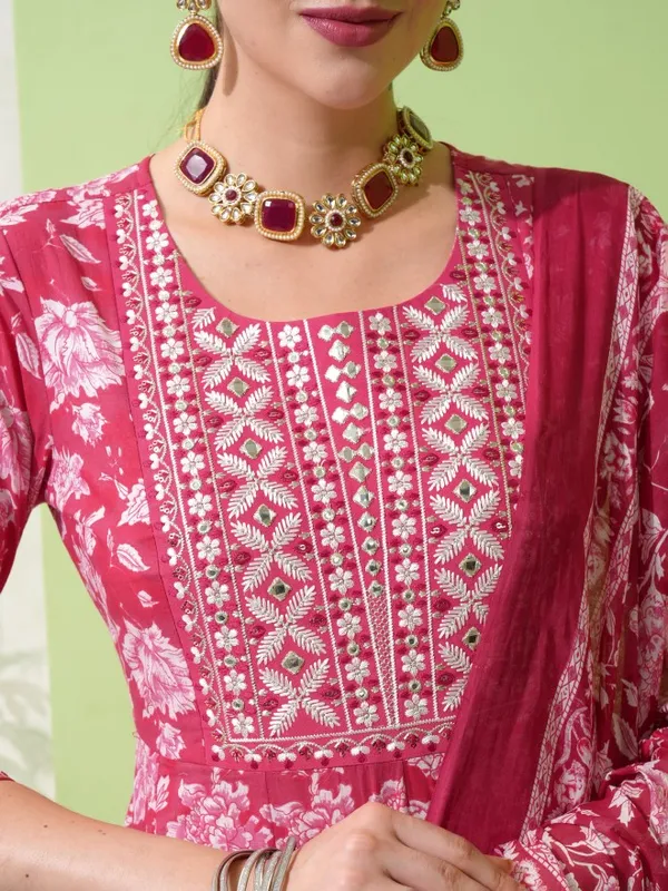Vishudh Women Pink Printed Kurta With Trouser And Dupatta